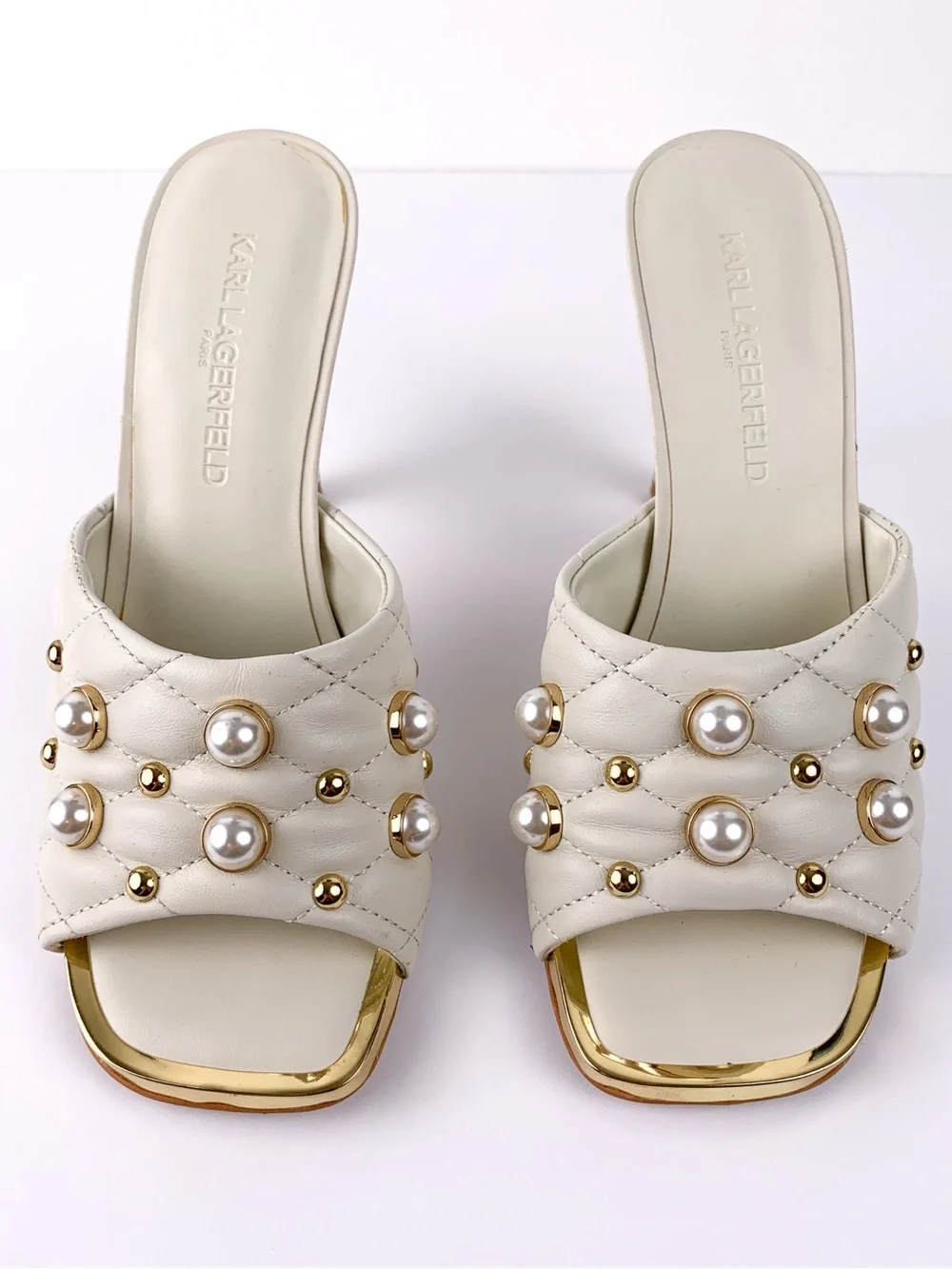 Karl Lagerfeld Paris Amina pearl studded heeled mules in ivory & gold size 6
